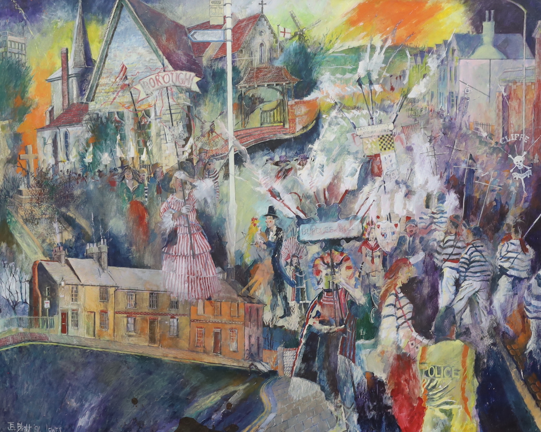 J. B. Blight, mixed media on board, Lewes Bonfire parade, signed and dated '94, 60 x 75cm